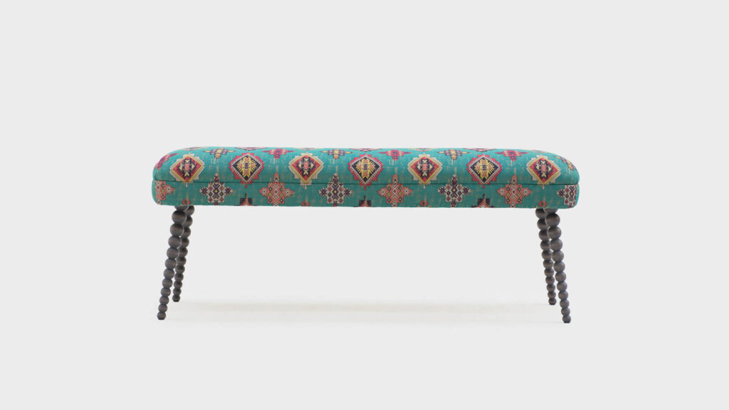 John Sankey Aqua Boodle Bench with dark bobbin legs - front